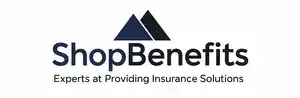 A logo for "Shop Benefits" featuring text and an icon of two mountain peaks. Below the main text, a tagline reads: "Experts at Providing Insurance Solutions."