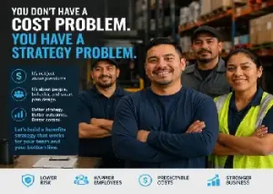 A marketing graphic showing four smiling employees in a warehouse setting. The headline reads, "You don't have a cost problem. You have a strategy problem." It lists benefits of a better strategy, such as lower risk, happier employees, predictable costs, and a stronger business.