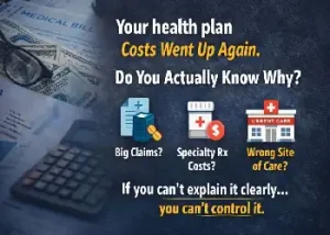 A graphic titled "Your health plan Costs Went Up Again. Do You Actually Know Why?" overlaid on a background of medical bills, a calculator, and cash. The image features three icons labeled "Big Claims?", "Specialty Rx Costs?", and "Wrong Site of Care?", followed by the tagline: "If you can't explain it clearly... you can't control it."