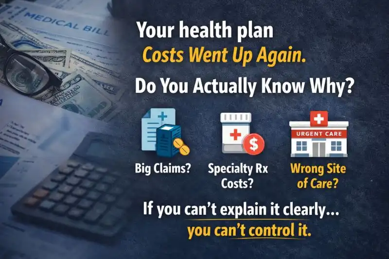 A graphic titled "Your health plan Costs Went Up Again. Do You Actually Know Why?" overlaid on a background of medical bills, a calculator, and cash. The image features three icons labeled "Big Claims?", "Specialty Rx Costs?", and "Wrong Site of Care?", followed by the tagline: "If you can't explain it clearly... you can't control it."