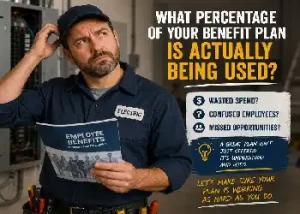 An electrician in a navy blue uniform stands in front of an electrical panel, scratching his head in confusion while holding an "Employee Benefits Summary Plan Description" booklet. The text overlay asks, "What percentage of your benefit plan is actually being used?" and highlights three main concerns: Wasted Spend, Confused Employees, and Missed Opportunities. A final note reads: "Let's make sure your plan is working as hard as you do."