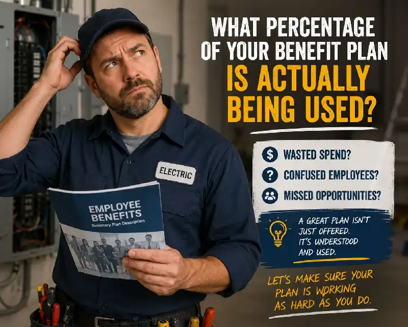 An electrician in a navy blue uniform stands in front of an electrical panel, scratching his head in confusion while holding an "Employee Benefits Summary Plan Description" booklet. The text overlay asks, "What percentage of your benefit plan is actually being used?" and highlights three main concerns: Wasted Spend, Confused Employees, and Missed Opportunities. A final note reads: "Let's make sure your plan is working as hard as you do."