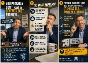 Infographic explaining that small businesses don't have a benefits cost problem, but a strategy problem. It outlines how to stop the cycle of rising renewals by addressing root causes like plan confusion and unnecessary claims rather than just shopping for lower premiums.