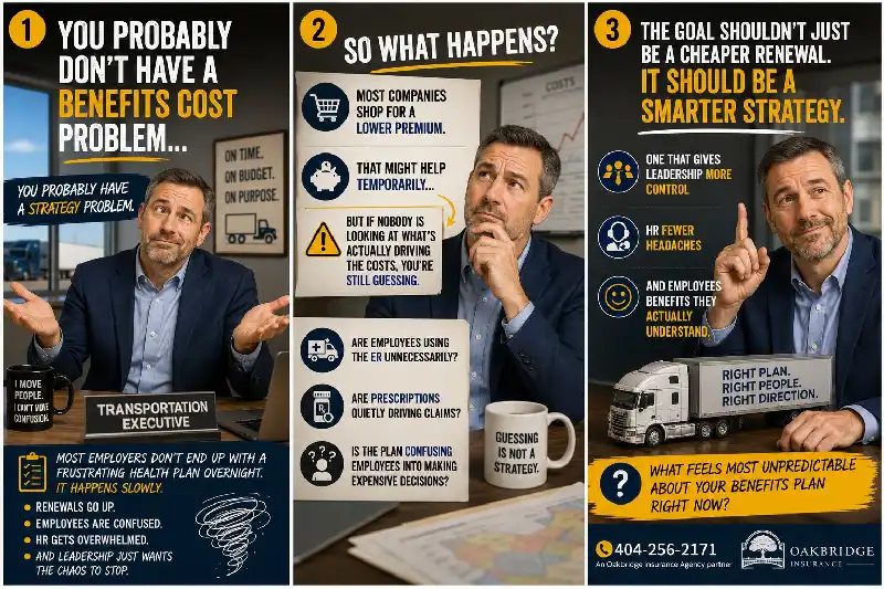 Infographic explaining that small businesses don't have a benefits cost problem, but a strategy problem. It outlines how to stop the cycle of rising renewals by addressing root causes like plan confusion and unnecessary claims rather than just shopping for lower premiums.