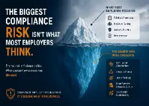 An infographic using an iceberg metaphor to illustrate hidden compliance risks for employers. The visible top of the iceberg lists common compliance focuses like Policies, Employee Training, Audits, and Documentation. The larger, submerged bottom of the iceberg highlights overlooked organizational risks including Poor Culture, Unreported Issues, Lack of Visibility, Siloed Systems, and Inconsistent Accountability.