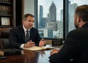 A professional business meeting in an executive office overlooking a city skyline. A corporate advisor or executive sits at a large wooden desk with an open notebook, speaking and gesturing with a pen to a colleague or client whose back is partially turned to the camera. On the desk sits a "Georgia Business Law" book and a small decorative scale with a plaque that reads "Client Focused. Results Driven."