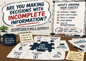 An illustrative marketing graphic titled "Are you making decisions with incomplete information? Assumption is not a strategy." The visual features a table with a jigsaw puzzle labeled "The Full Picture," with interlocking pieces showing "Claims Data," "Rx Drug Spend," "High Cost Claims," and "Utilization Trends." A whiteboard in the background highlights cost drivers like "Specialty Drugs" and "Facility Choice" alongside a red circle stating, "You can't solve what you can't see."