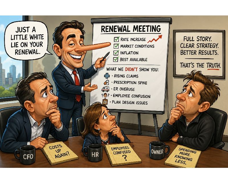 Cartoon illustration of an insurance renewal meeting where a smiling presenter with a long Pinocchio-style nose points to a whiteboard. The top of the board lists superficial reasons for price hikes like "Rate Increase" and "Inflation," while the hidden section below reveals actual drivers like "Rising Claims," "ER Overuse," and "Employee Confusion." In the foreground, a CFO, HR manager, and business owner look skeptical and concerned, holding notepads with questions like "Costs up again?" and "Spending more, knowing less."