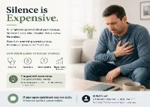An informative marketing graphic with the headline "Silence is Expensive," detailing how employee confusion leads to costly choices like delayed care and higher claims. On the right, a man in a blue shirt sits on a couch looking worried and holding his chest, highlighting a real-world scenario where an employee ignored chest pain due to plan confusion. The bottom includes a call-to-action block from Al Schiebel at ShopBenefits with contact details.