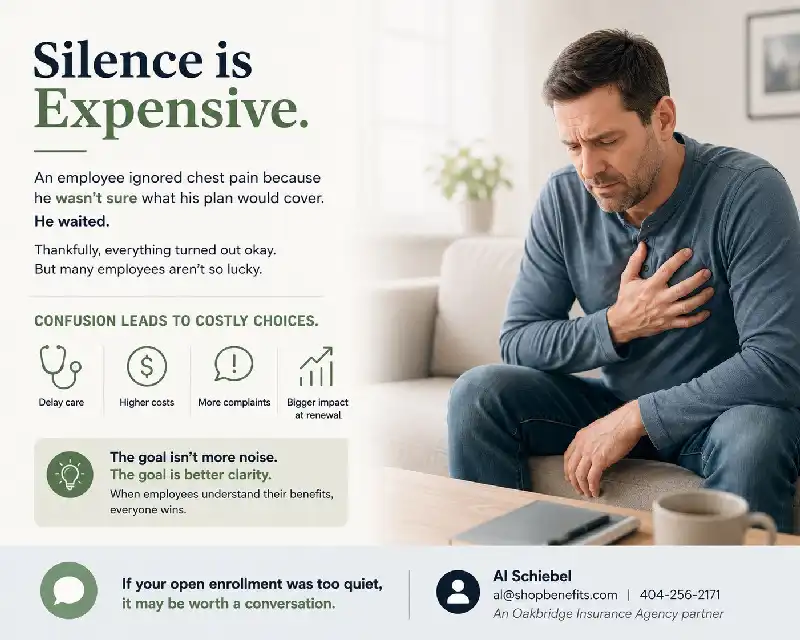 An informative marketing graphic with the headline "Silence is Expensive," detailing how employee confusion leads to costly choices like delayed care and higher claims. On the right, a man in a blue shirt sits on a couch looking worried and holding his chest, highlighting a real-world scenario where an employee ignored chest pain due to plan confusion. The bottom includes a call-to-action block from Al Schiebel at ShopBenefits with contact details.