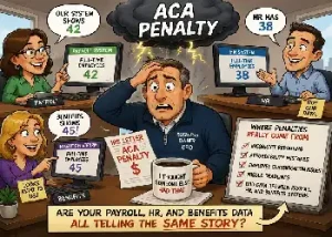 An editorial cartoon depicting a stressed business owner/CFO sitting at his desk under a dark storm cloud labeled "ACA Penalty" with lightning bolts. He is holding his head in panic and looking at an IRS Letter. Surrounding him are three smiling employees at their computer monitors: a Payroll employee pointing to a screen showing 42 full-time employees, an HR employee pointing to a screen showing 38, and a Benefits employee pointing to a screen showing 45. The business owner’s coffee mug reads, "I thought someone else had that." To the right, a checklist titled "Where Penalties Really Come From" lists: Incorrect reporting, Affordability mistakes, Employee classification issues, Missed deadlines, and Bad data between payroll, HR, and benefits systems. The bottom banner reads: "Are your payroll, HR, and benefits data all telling the same story?"