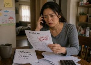A concerned woman on a phone call looking at an unexpected medical bill showing an amount due of $1,245.00. Next to her on the table is a notebook with a handwritten note that reads: 'Called the doctor's office. "Yes, we accept your insurance."'