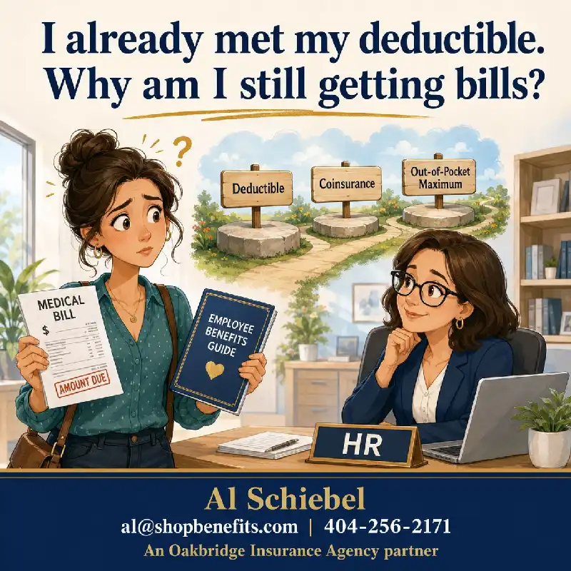Illustrated graphic titled "I already met my deductible. Why am I still getting bills?" showing a confused employee holding a medical bill and an Employee Benefits Guide talking with an HR representative at her desk. Between them is a visual pathway illustration showing three milestone signposts: Deductible, Coinsurance, and Out-of-Pocket Maximum. Footer banner features contact details for Al Schiebel at ShopBenefits and Oakbridge Insurance Agency.