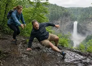 Photograph of a man slipping and falling on a muddy, wet hiking trail in the woods near a scenic waterfall, with his concerned wife reaching out to assist him. The image illustrates a real-life emergency care scenario highlighting the distinction between accepting insurance and being in-network.