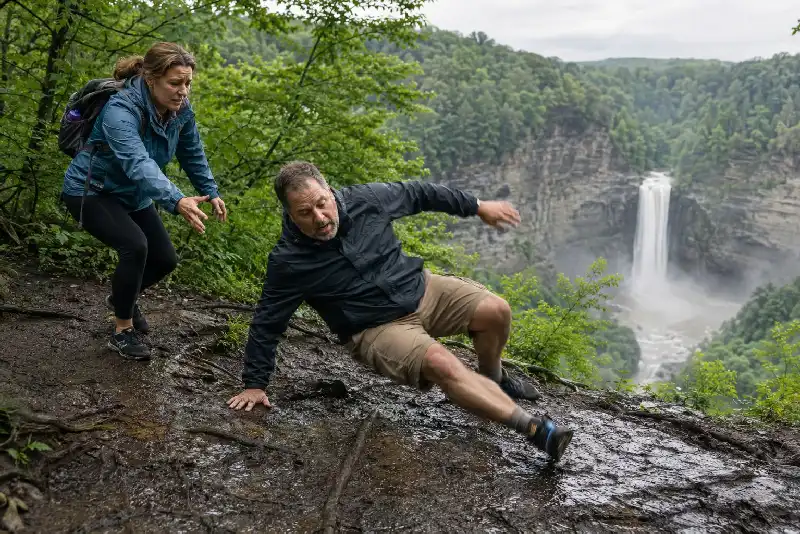 Photograph of a man slipping and falling on a muddy, wet hiking trail in the woods near a scenic waterfall, with his concerned wife reaching out to assist him. The image illustrates a real-life emergency care scenario highlighting the distinction between accepting insurance and being in-network.