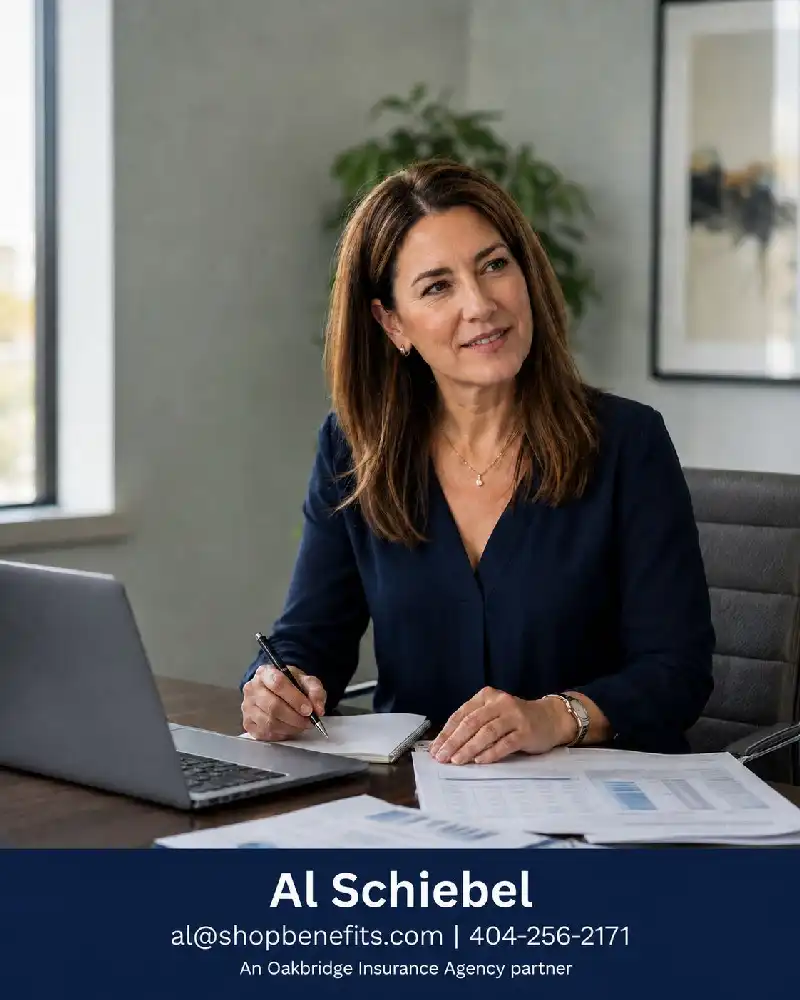 Professional businesswoman reviewing financial spreadsheets and working at a laptop in a modern office environment. The image is accompanied by a footer banner displaying contact information for Al Schiebel, founder of ShopBenefits and an Oakbridge Insurance Agency partner.