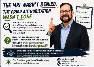 Infographic graphic titled "THE MRI WASN'T DENIED. THE PRIOR AUTHORIZATION WASN'T DONE." featuring a portrait photo of Al Schiebel pointing up alongside a clipboard displaying benefits like fewer delays, fewer surprises, and better experience. Text callout boxes highlight a key question to ask before procedures regarding prior authorization, followed by an explanation of how good benefits education prevents unexpected bills, with Al Schiebel's email and phone contact details in the footer branding.