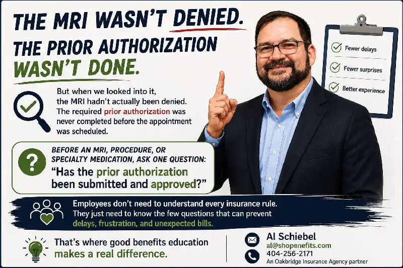Infographic graphic titled "THE MRI WASN'T DENIED. THE PRIOR AUTHORIZATION WASN'T DONE." featuring a portrait photo of Al Schiebel pointing up alongside a clipboard displaying benefits like fewer delays, fewer surprises, and better experience. Text callout boxes highlight a key question to ask before procedures regarding prior authorization, followed by an explanation of how good benefits education prevents unexpected bills, with Al Schiebel's email and phone contact details in the footer branding.