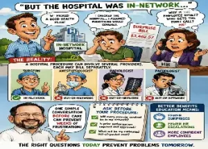 Illustrated infographic titled "BUT THE HOSPITAL WAS IN-NETWORK..." showing a stressed employee holding a surprise medical bill for $3,462.57 alongside a concerned HR manager. The graphic breaks down how a single hospital stay can include separate billing from an in-network surgeon alongside out-of-network anesthesiologists, radiologists, and pathologists. An illustration of Al Schiebel accompanies a notepad listing pre-procedure verification questions and key benefits of proactive education, with footer contact details.