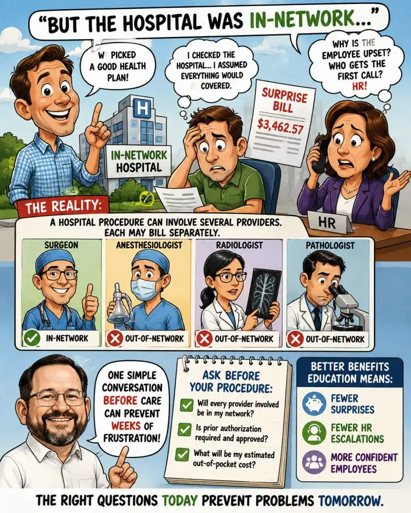 Illustrated infographic titled "BUT THE HOSPITAL WAS IN-NETWORK..." showing a stressed employee holding a surprise medical bill for $3,462.57 alongside a concerned HR manager. The graphic breaks down how a single hospital stay can include separate billing from an in-network surgeon alongside out-of-network anesthesiologists, radiologists, and pathologists. An illustration of Al Schiebel accompanies a notepad listing pre-procedure verification questions and key benefits of proactive education, with footer contact details.