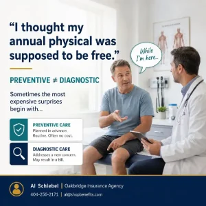 Graphic titled "I thought my annual physical was supposed to be free" showing a patient sitting on an examination table talking to a doctor, with a speech bubble saying "While I'm here..." The infographic outlines the formula "PREVENTIVE ≠ DIAGNOSTIC" with callout boxes defining preventive care as planned, routine, and often no-cost, versus diagnostic care which addresses new concerns and may result in a bill, with Al Schiebel's Oakbridge Insurance Agency contact information in the footer banner.